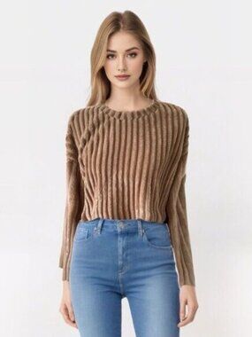 Zara Womens Cropped  Ribbed Sweater Sz Small Cabincore Cozy Earthy Relaxed Beige